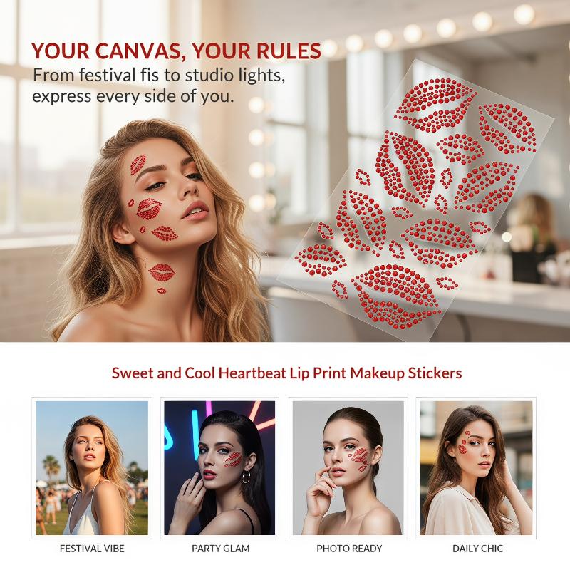 Body Jewelry Stickers - 1 Sheet Realistic Red Kiss Lip